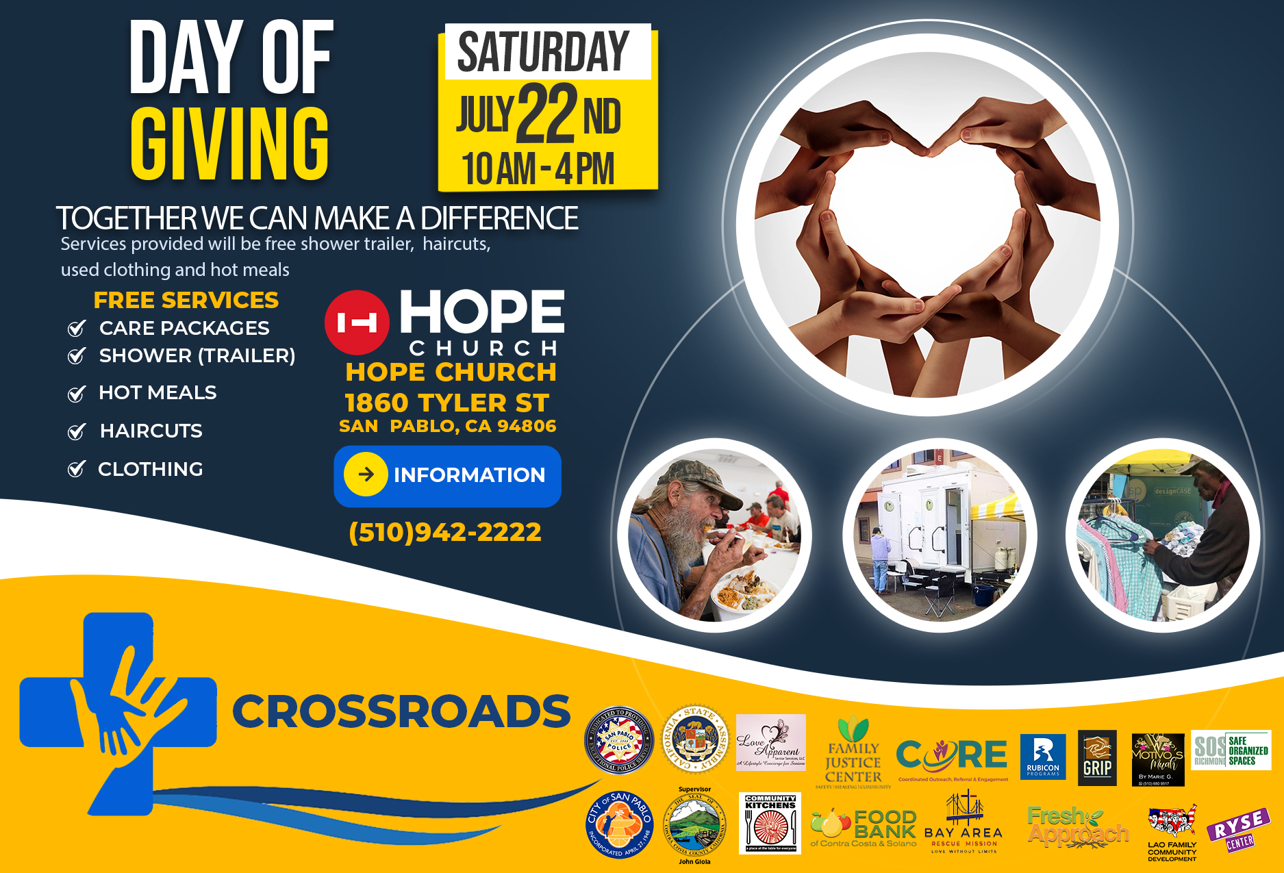Event graphic highlighting that the event is taking place on Saturday, July 22 from 10am-4pm, and will provide services including food, showers, haircuts, clothing, and more. 