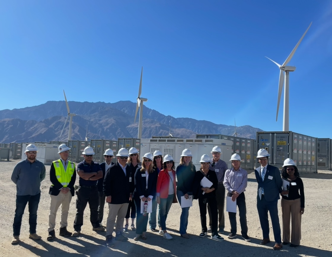 Tour attendees pose in front of windmills in the California Desert 